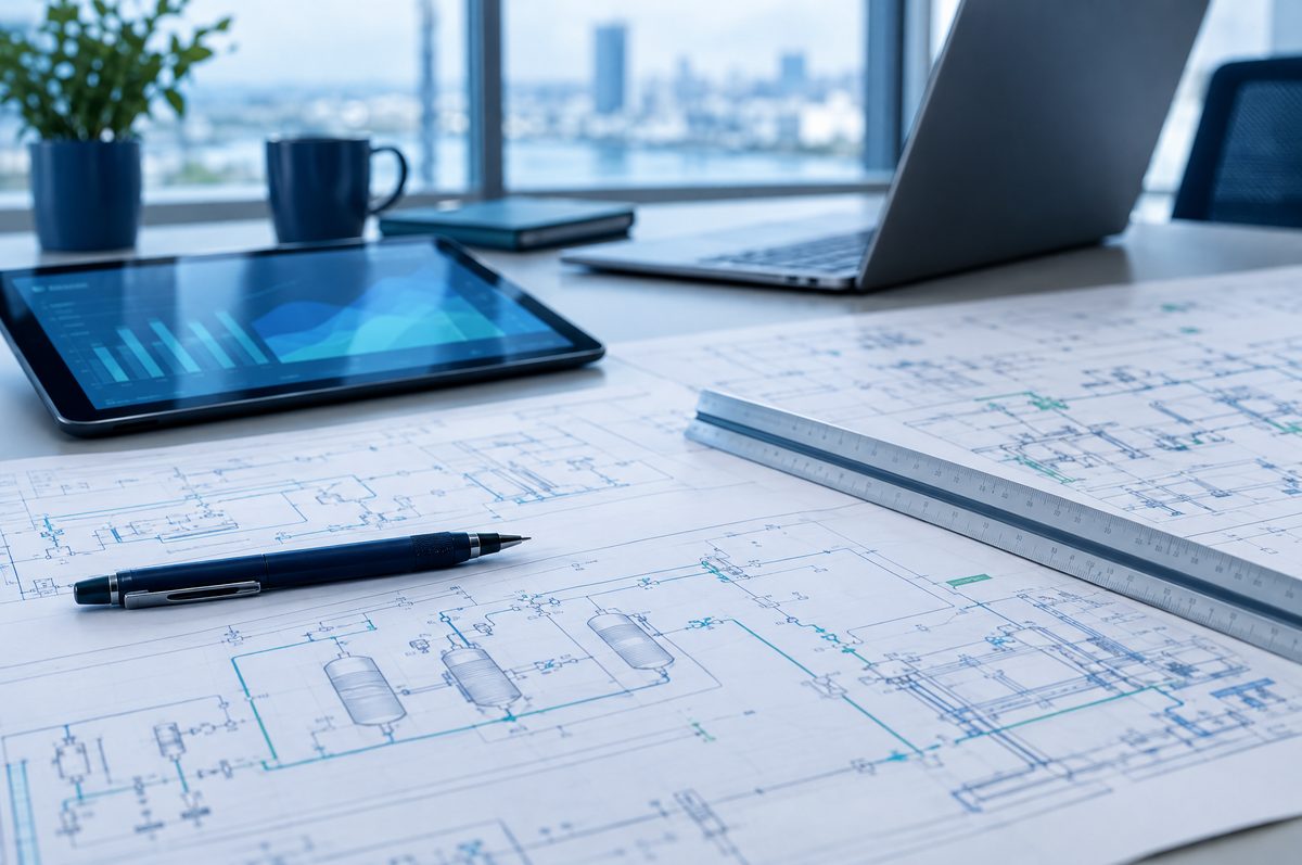Engineering plans, a pen, a scale ruler and a tablet on a desk in daylight