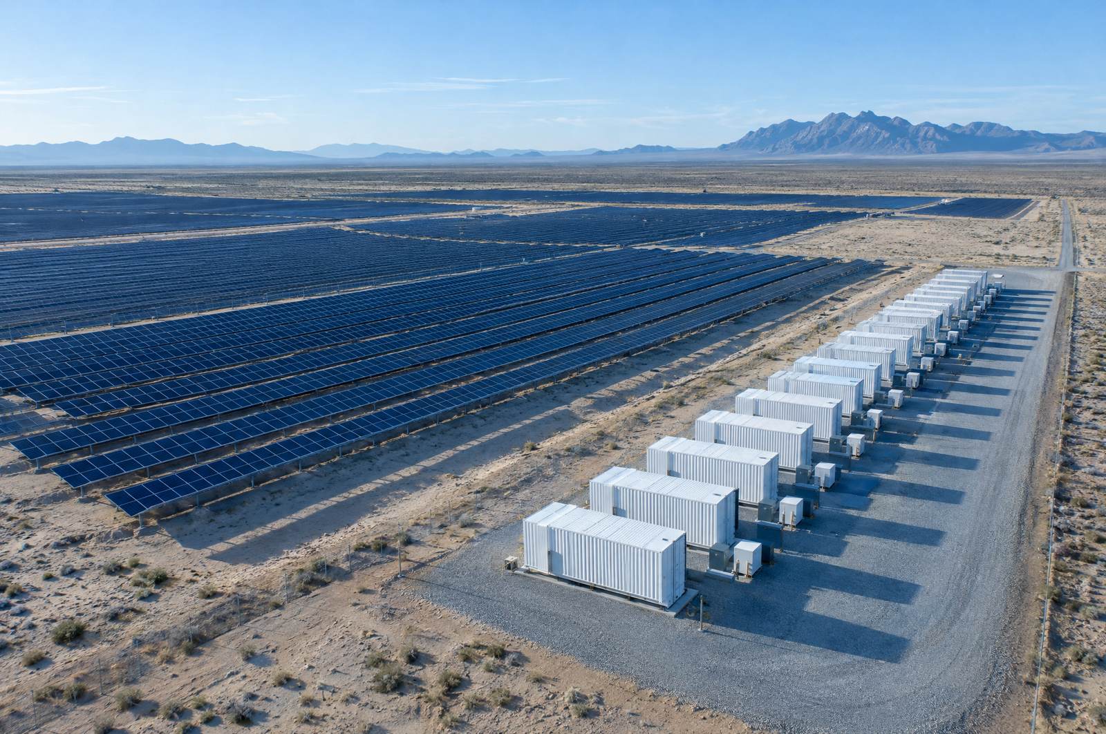 Rows of solar panels beside containerised battery storage units in a desert
